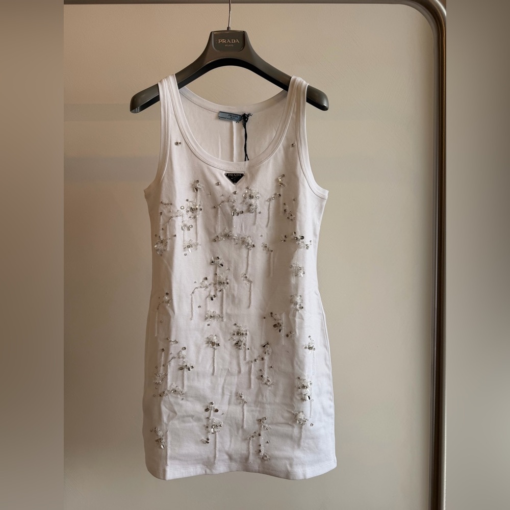 NWT Prada White Embroidered Embellishments Ribbed Jersey Dress Size 42 US M